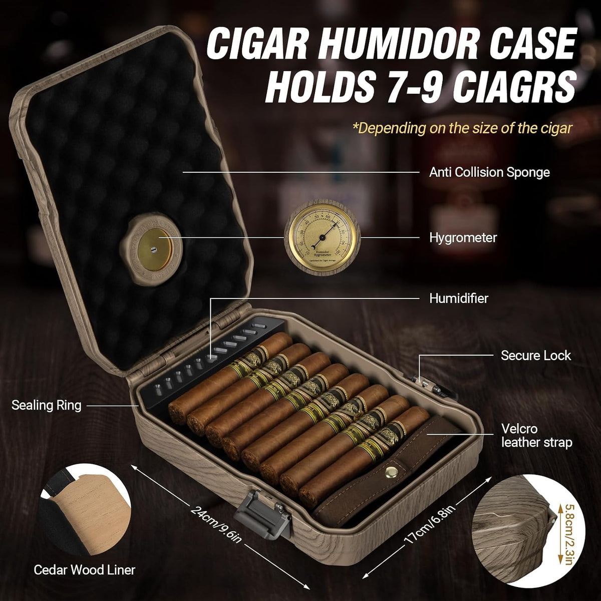 Travel Cigar Humidor Case - Cedar Lined, V Cut Cutter, Portable Humidor with Humidifier & Hygrometer, Holds 7-9 Cigars, Includes Lighter - Gift Set