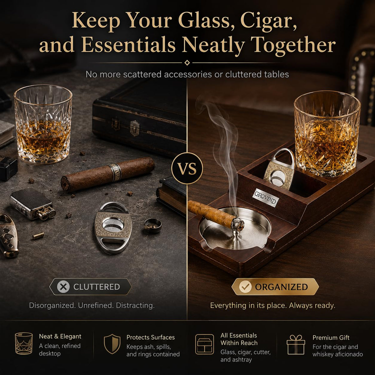 Cigar Ashtrays, Whiskey Glass Tray and Wooden Ash Tray Detachable Outdoor Ashtray for Cigarettes, Gift Set with Cigar Cutter, Great Decor for Home Office Gifts for Men