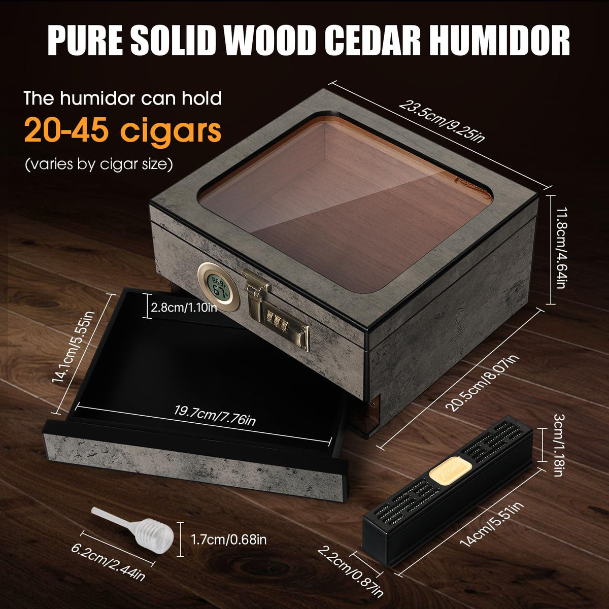 Tesonway Cigar Humidor, Cedar Wood Humidor Cigar Box, Glass Top Desktop Humidor with Front Hygrometer, Humidifier, Divider, Accessories Drawer and Combination Lock, Cigar Gifts for Men (Brown)