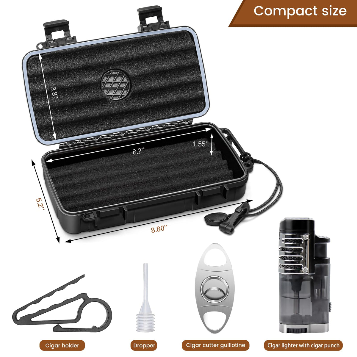 Flauno Travel Cigar Humidor Case - Portable Cigar Box with Humidifier Disc & Cigar Cutter | Waterproof | Crushproof | Airtight | Durable (Holds up to 5 Cigars)