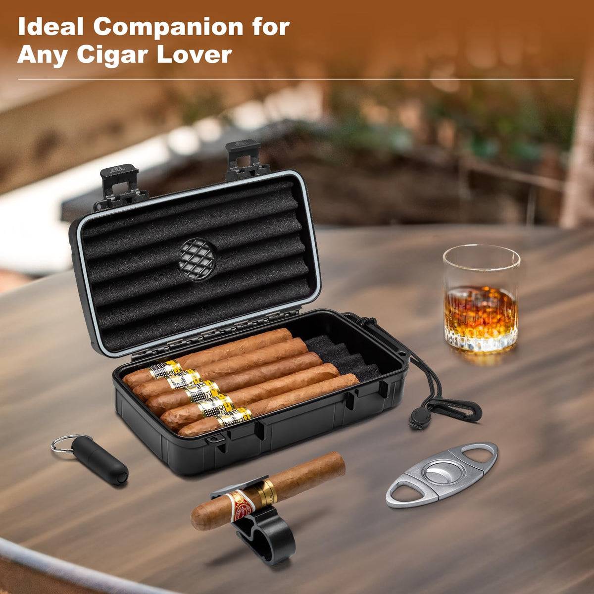 Flauno Travel Cigar Humidor Case - Portable Cigar Box with Humidifier Disc & Cigar Cutter | Waterproof | Crushproof | Airtight | Durable (Holds up to 5 Cigars)