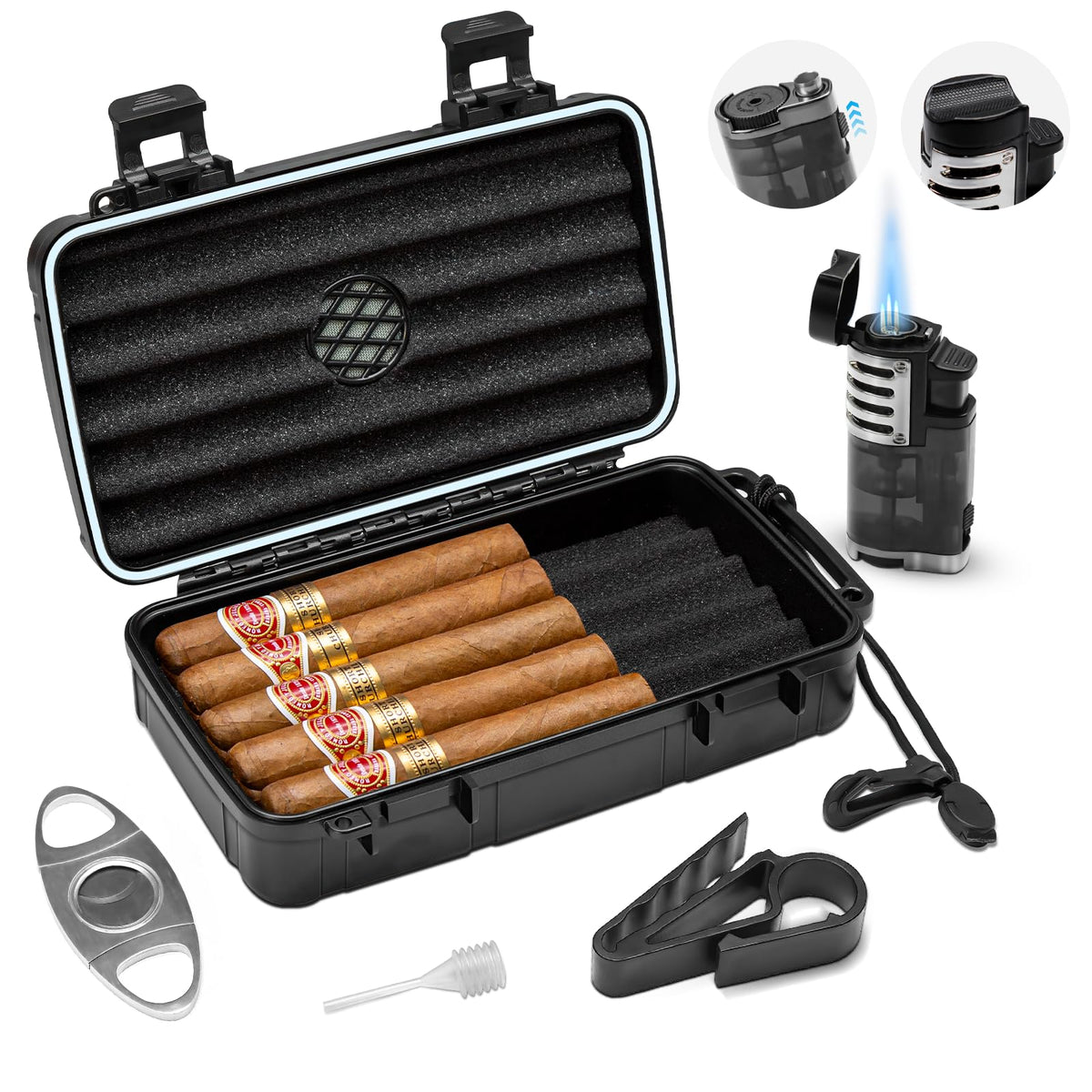 Flauno Travel Cigar Humidor Case - Portable Cigar Box with Humidifier Disc & Cigar Cutter | Waterproof | Crushproof | Airtight | Durable (Holds up to 5 Cigars)