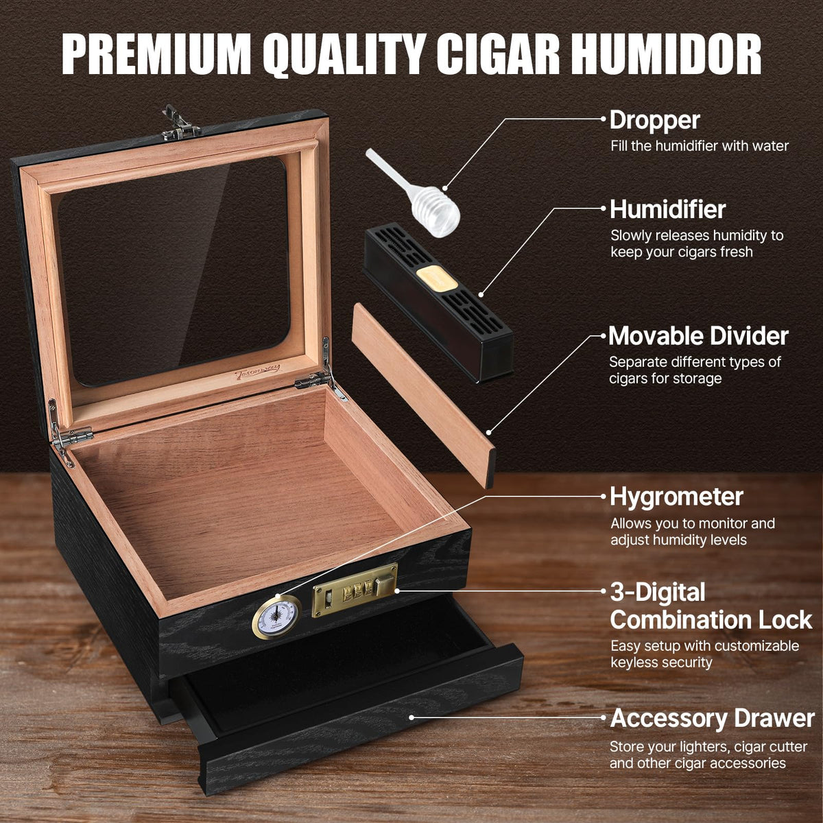 Tesonway Cigar Humidor, Cedar Wood Humidor Cigar Box, Glass Top Desktop Humidor with Front Hygrometer, Humidifier, Divider, Accessories Drawer and Combination Lock, Cigar Gifts for Men (Brown)