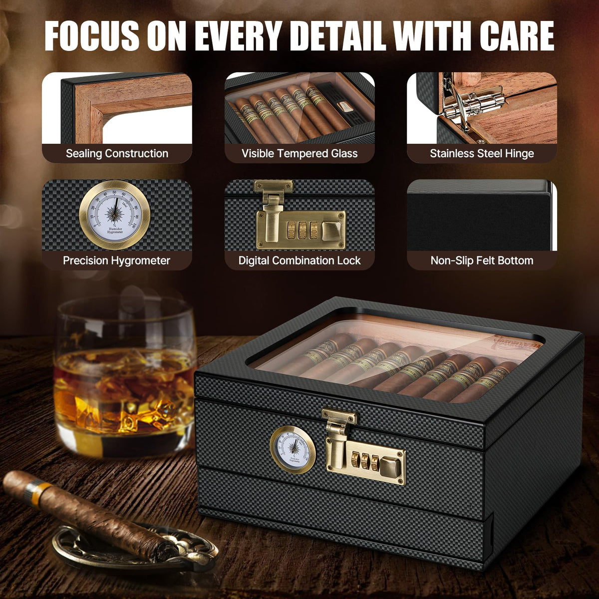Tesonway Cigar Humidor, Cedar Wood Humidor Cigar Box, Glass Top Desktop Humidor with Front Hygrometer, Humidifier, Divider, Accessories Drawer and Combination Lock, Cigar Gifts for Men (Brown)