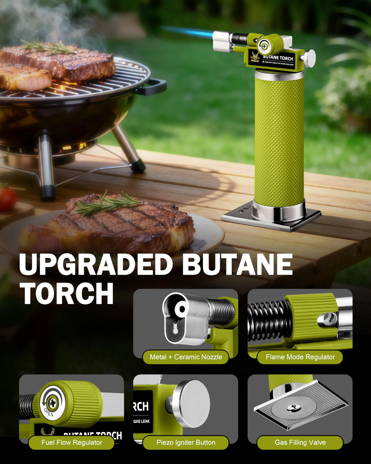 RAVS Butane Torch Lighter, DUAL Flame Mode Kitchen Torch, Refillable Cooking Torch Gun, Creme Brulee Torch Lighter, Blow Torch for Cooking, Welding, Mini Torch Soldering Torch, Butane is Not Included