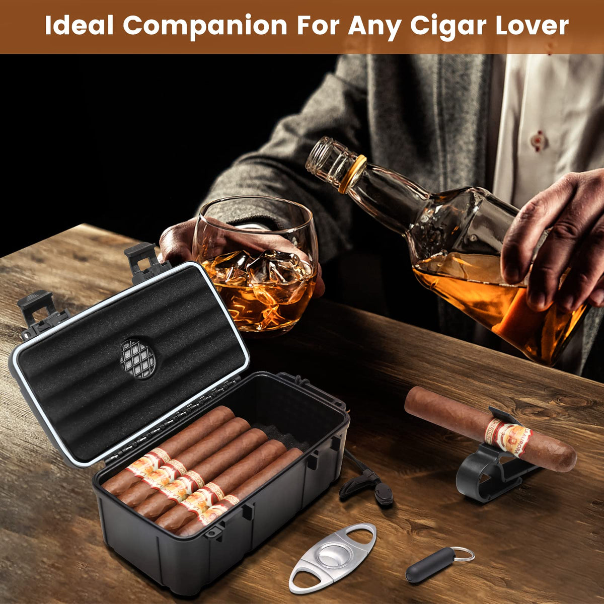 Flauno Travel Cigar Humidor Case - Portable Cigar Box with Humidifier Disc & Cigar Cutter | Waterproof | Crushproof | Airtight | Durable (Holds up to 5 Cigars)