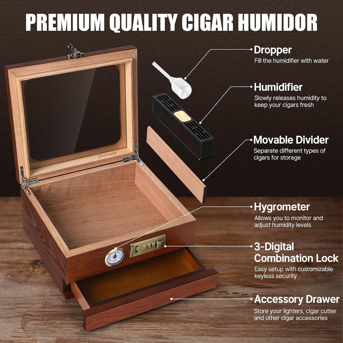 Tesonway Cigar Humidor, Cedar Wood Humidor Cigar Box, Glass Top Desktop Humidor with Front Hygrometer, Humidifier, Divider, Accessories Drawer and Combination Lock, Cigar Gifts for Men (Brown)