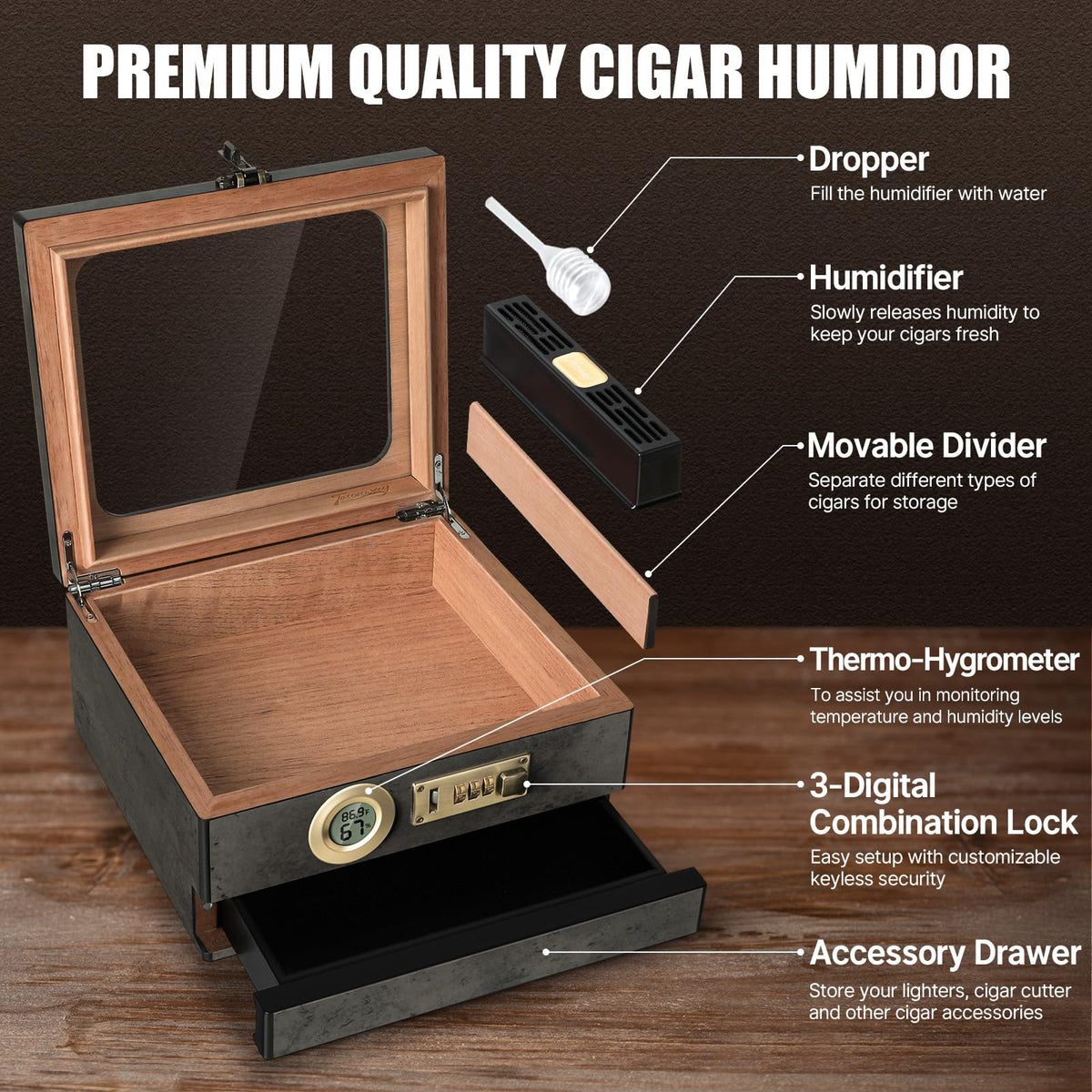 Tesonway Cigar Humidor, Cedar Wood Humidor Cigar Box, Glass Top Desktop Humidor with Front Hygrometer, Humidifier, Divider, Accessories Drawer and Combination Lock, Cigar Gifts for Men (Brown)