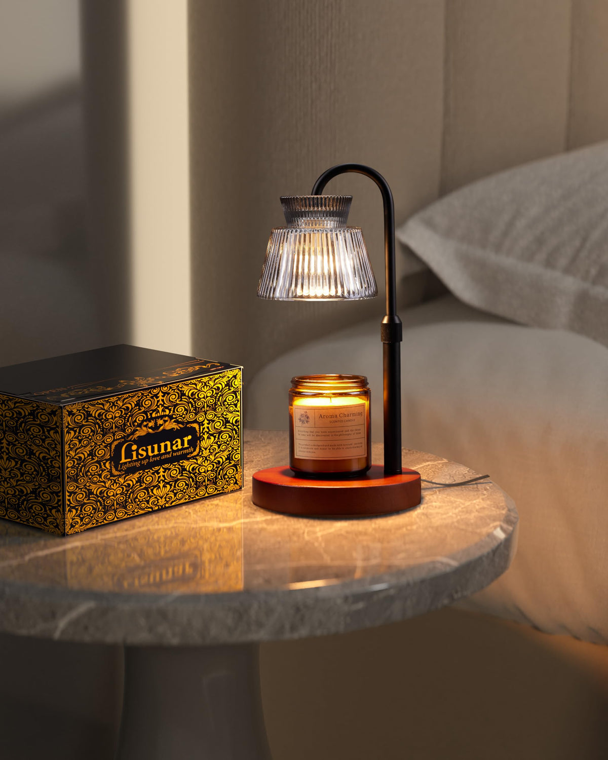 LISUNAR Electric Candle Warmer Lamp Black, Candle Lamp Warmer with Timer, Wax Warmer Lamp for Jar Candles, Adjustable Height Candle Light Warmer with 2 Bulbs