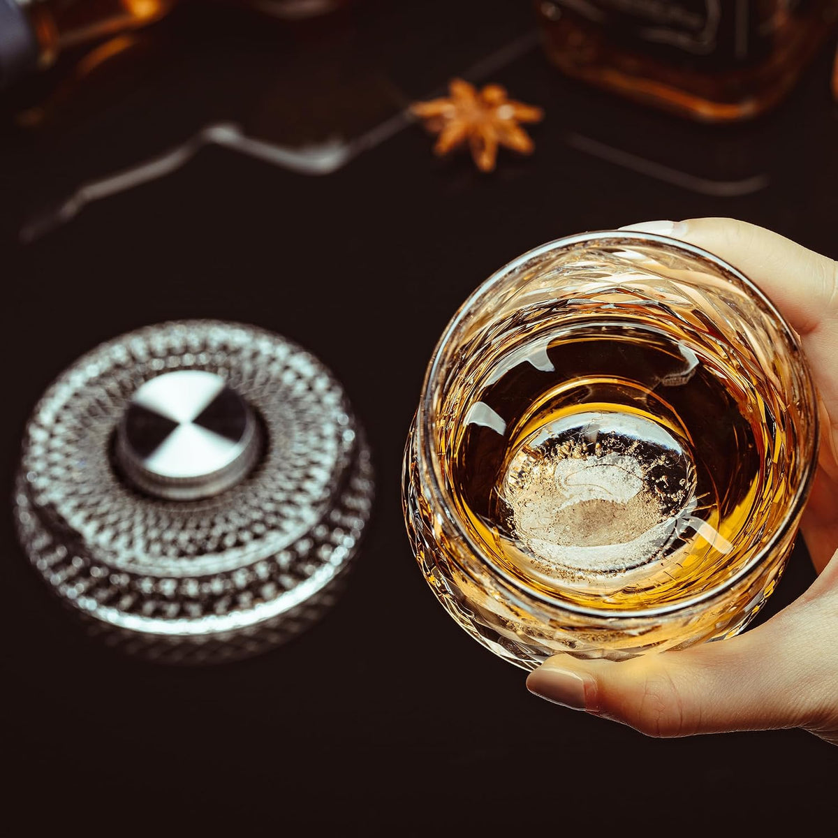Spinning Whiskey Glasses Set of 4, 9.5 oz with Rotating Bases, Whiskey Gift