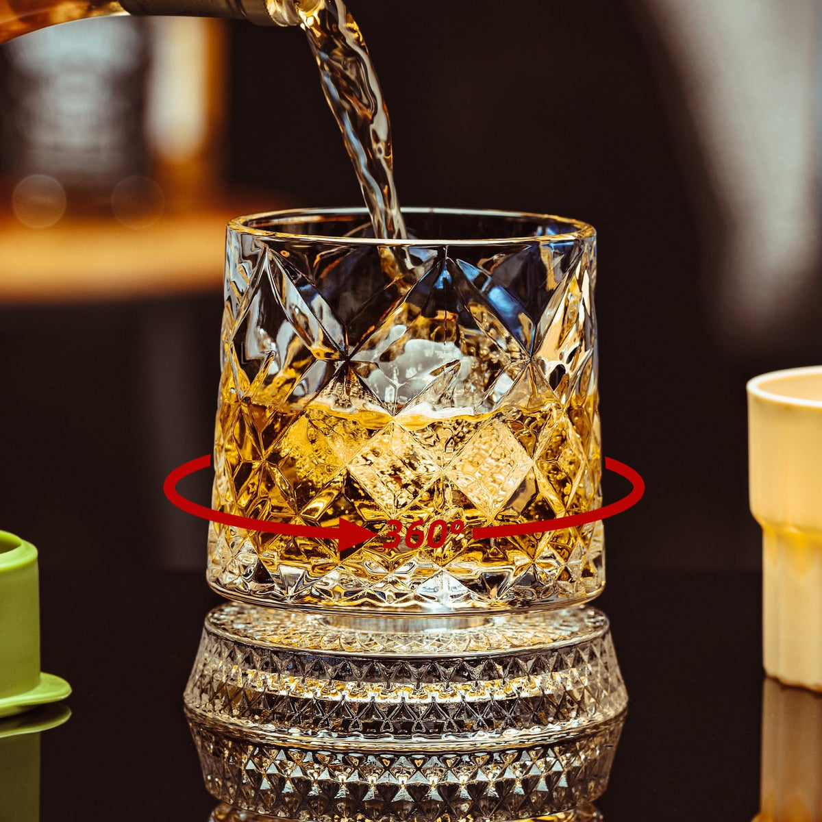 Spinning Whiskey Glasses Set of 4, 9.5 oz with Rotating Bases, Whiskey Gift