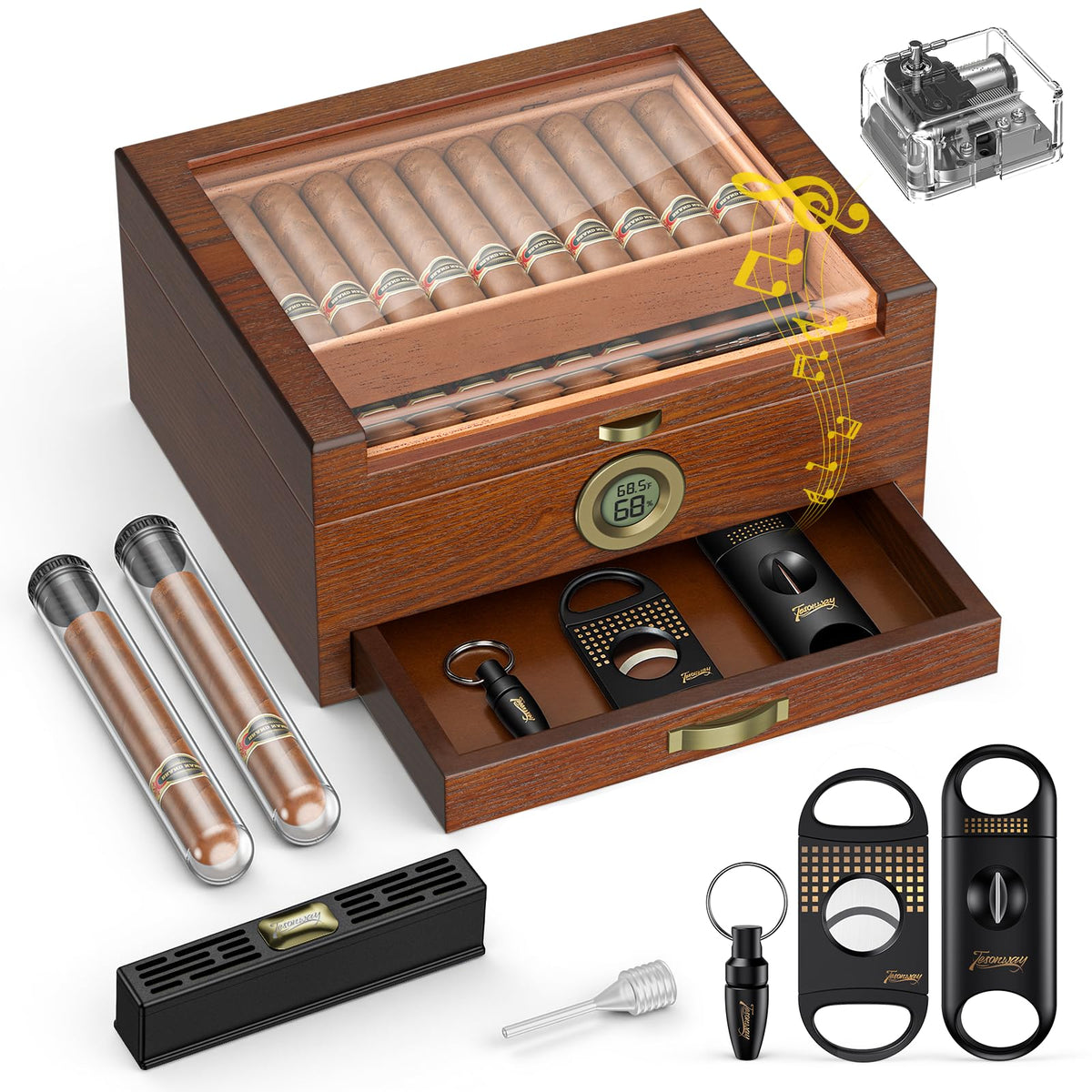 Tesonway Cigar Humidor, Cedar Wood Humidor Cigar Box, Glass Top Desktop Humidor with Front Hygrometer, Humidifier, Divider, Accessories Drawer and Combination Lock, Cigar Gifts for Men (Brown)
