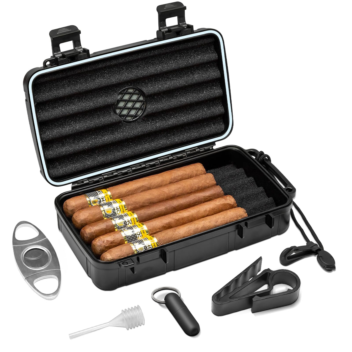 Flauno Travel Cigar Humidor Case - Portable Cigar Box with Humidifier Disc & Cigar Cutter | Waterproof | Crushproof | Airtight | Durable (Holds up to 5 Cigars)