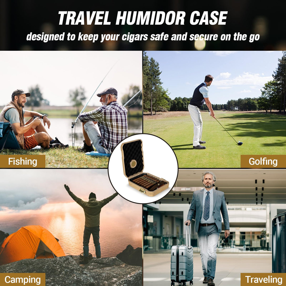 Travel Cigar Humidor Case - Cedar Lined, V Cut Cutter, Portable Humidor with Humidifier & Hygrometer, Holds 7-9 Cigars, Includes Lighter - Gift Set