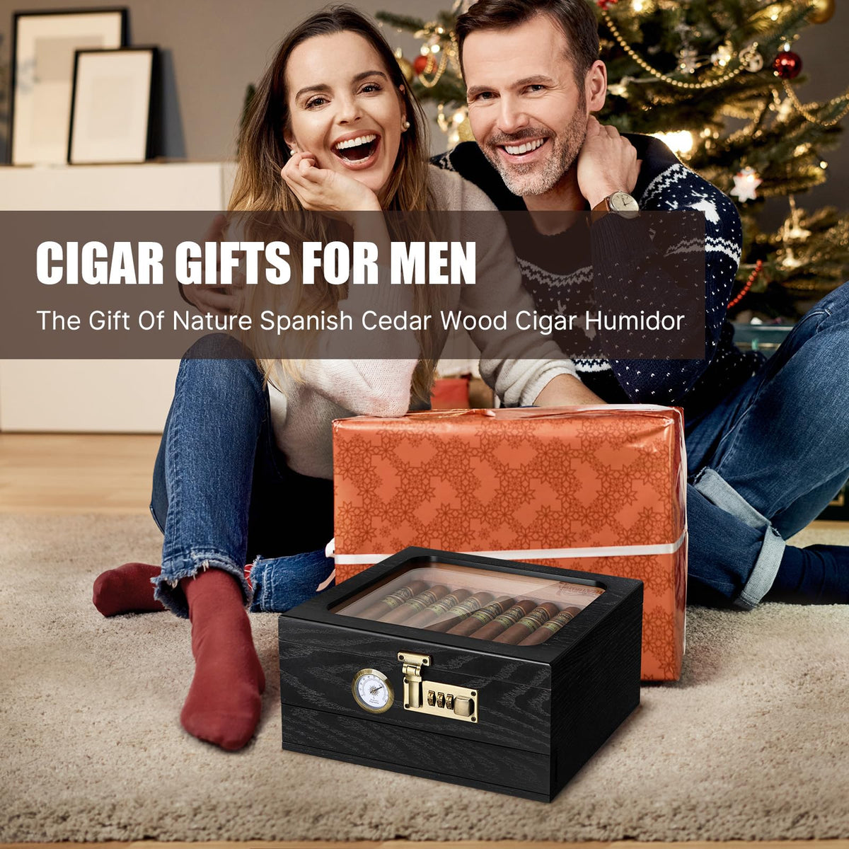 Tesonway Cigar Humidor, Cedar Wood Humidor Cigar Box, Glass Top Desktop Humidor with Front Hygrometer, Humidifier, Divider, Accessories Drawer and Combination Lock, Cigar Gifts for Men (Brown)