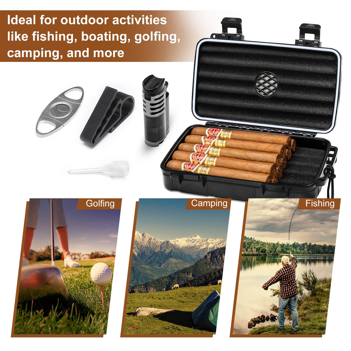 Flauno Travel Cigar Humidor Case - Portable Cigar Box with Humidifier Disc & Cigar Cutter | Waterproof | Crushproof | Airtight | Durable (Holds up to 5 Cigars)