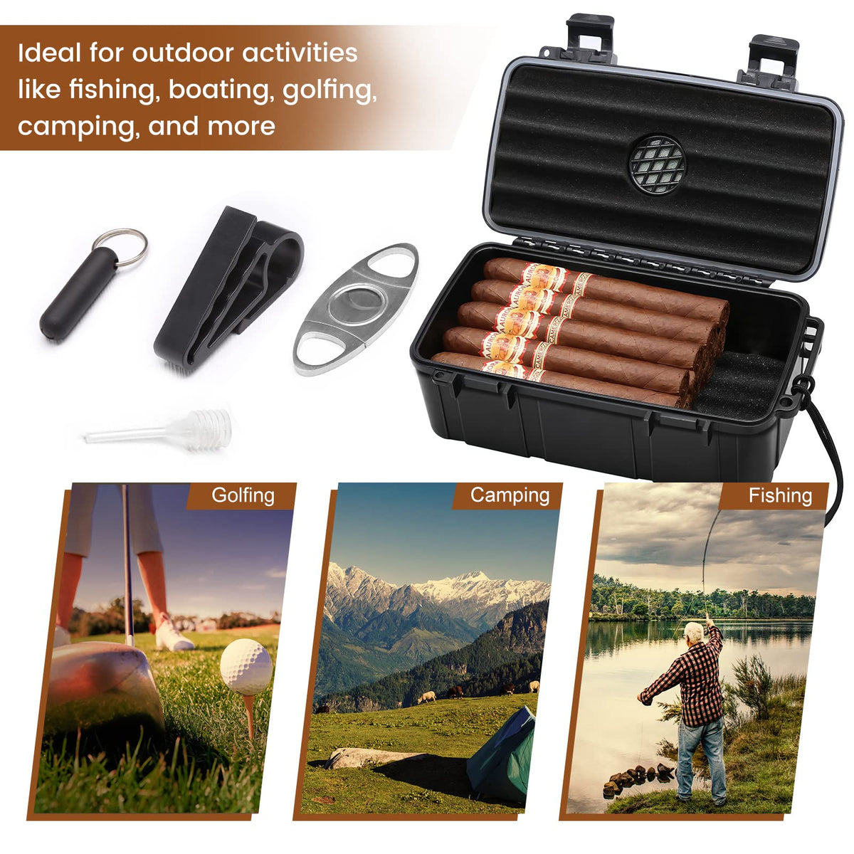 Flauno Travel Cigar Humidor Case - Portable Cigar Box with Humidifier Disc & Cigar Cutter | Waterproof | Crushproof | Airtight | Durable (Holds up to 5 Cigars)