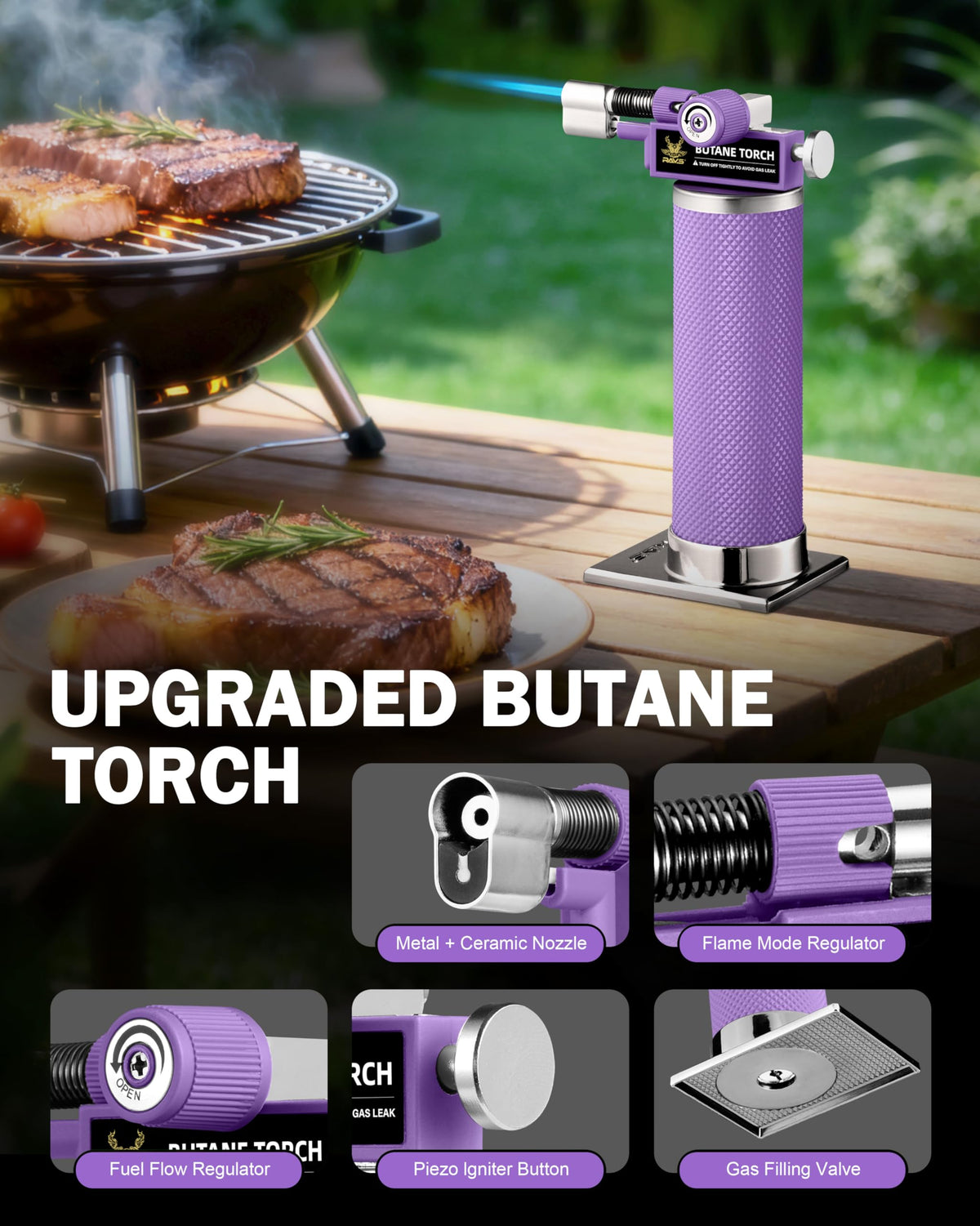 RAVS Butane Torch Lighter, DUAL Flame Mode Kitchen Torch, Refillable Cooking Torch Gun, Creme Brulee Torch Lighter, Blow Torch for Cooking, Welding, Mini Torch Soldering Torch, Butane is Not Included