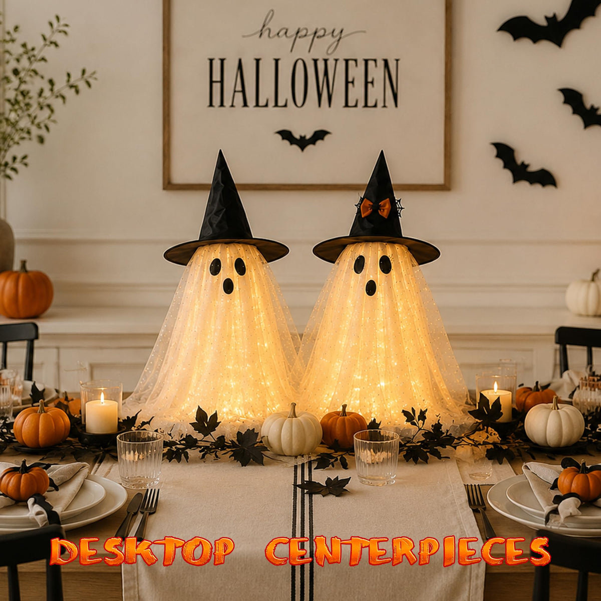 2Packs Halloween Decorations Outdoor,Halloweens Party Decoration Indoor,59in Spooky Ghost with Remote Control String Lights,Halloween-Ghost Lights for Porches Yards Gardens Lawn