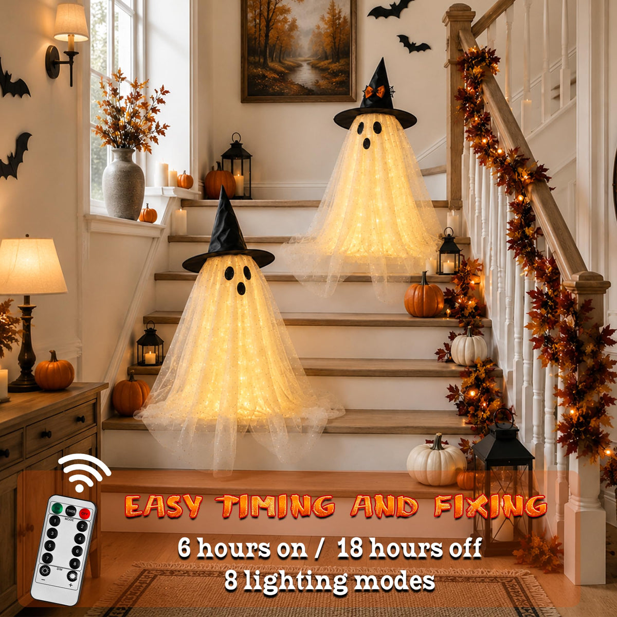 2Packs Halloween Decorations Outdoor,Halloweens Party Decoration Indoor,59in Spooky Ghost with Remote Control String Lights,Halloween-Ghost Lights for Porches Yards Gardens Lawn