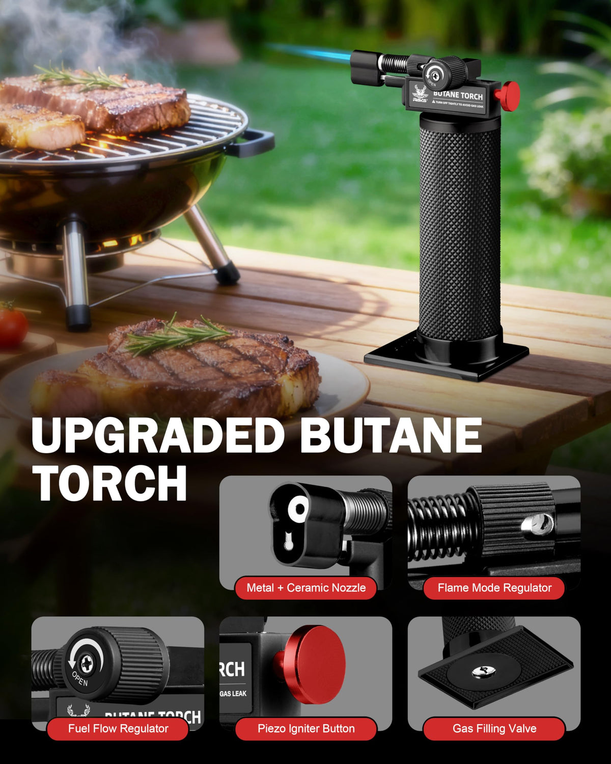 RAVS Butane Torch Lighter, DUAL Flame Mode Kitchen Torch, Refillable Cooking Torch Gun, Creme Brulee Torch Lighter, Blow Torch for Cooking, Welding, Mini Torch Soldering Torch, Butane is Not Included