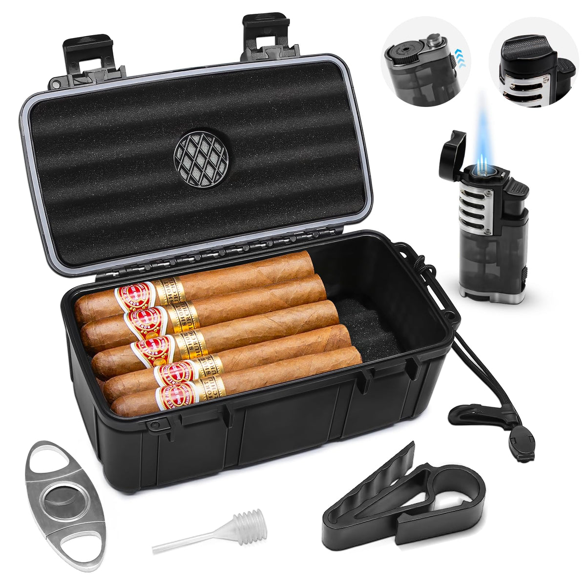 Flauno Travel Cigar Humidor Case - Portable Cigar Box with Humidifier Disc & Cigar Cutter | Waterproof | Crushproof | Airtight | Durable (Holds up to 5 Cigars)