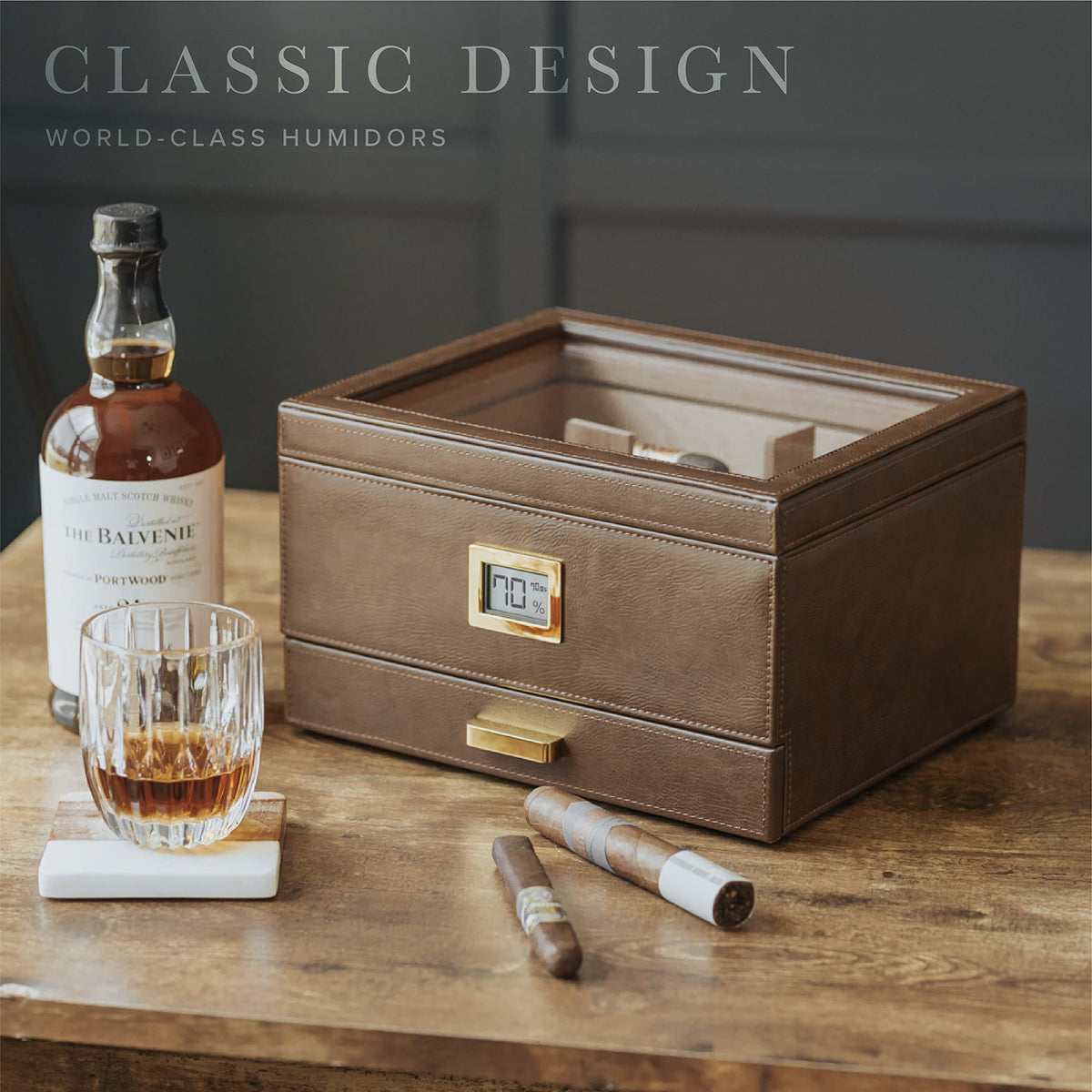CASE ELEGANCE Renzo Glass Top Cigar Humidor with Cedar - Brown