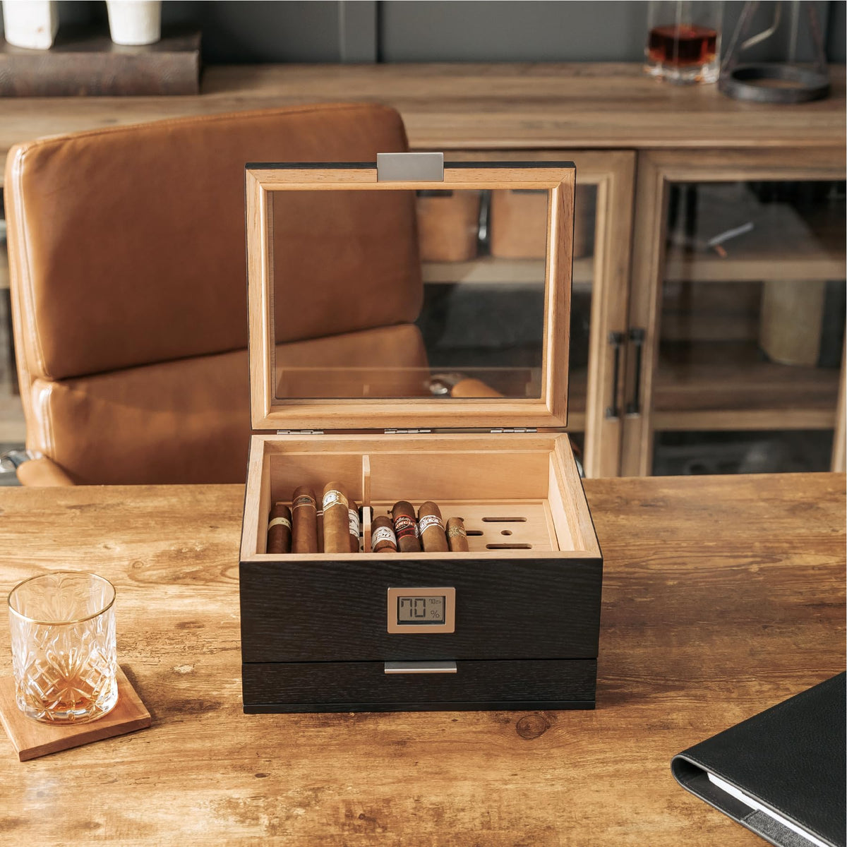 CASE ELEGANCE Renzo Glass Top Cigar Humidor with Cedar - Brown
