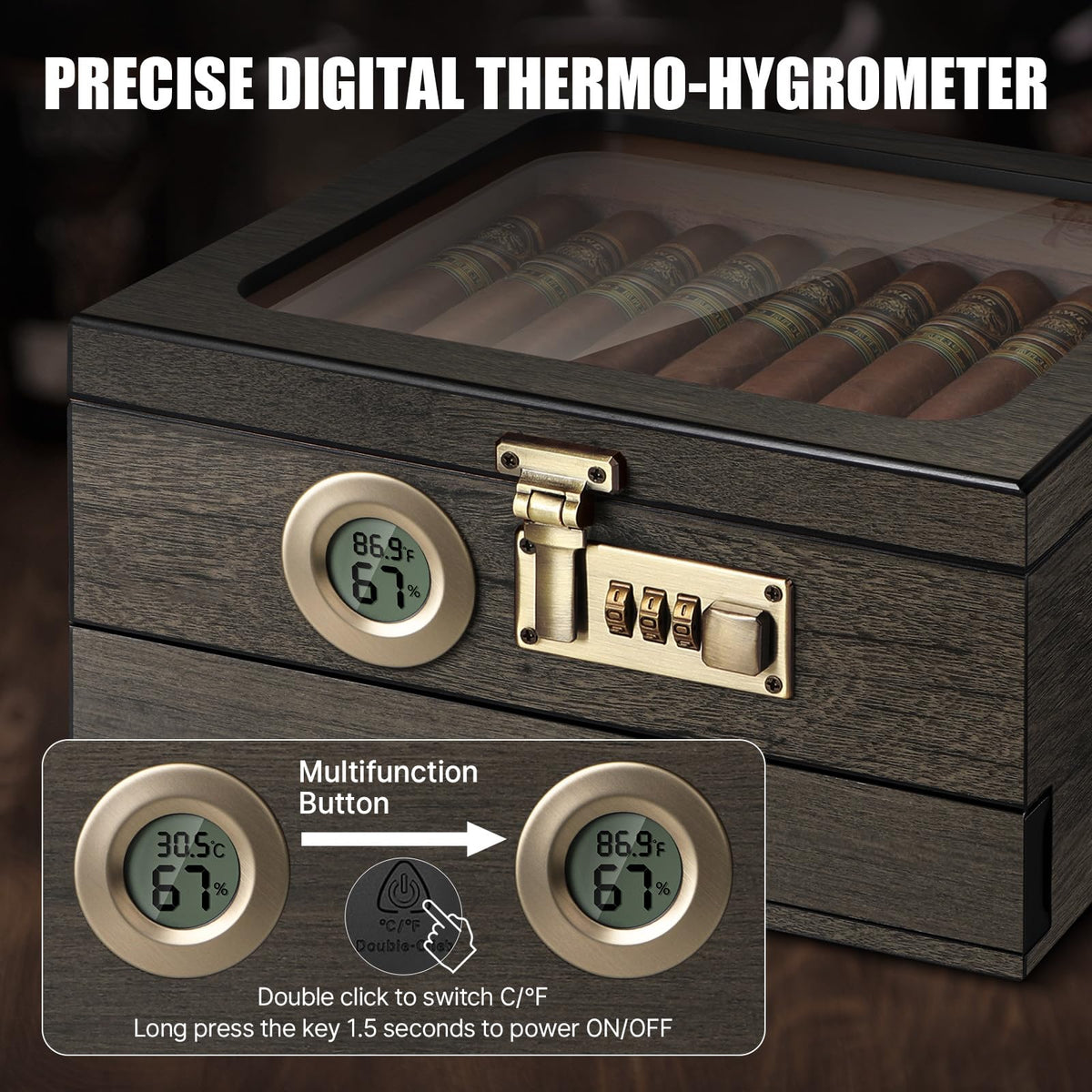 Tesonway Cigar Humidor, Cedar Wood Humidor Cigar Box, Glass Top Desktop Humidor with Front Hygrometer, Humidifier, Divider, Accessories Drawer and Combination Lock, Cigar Gifts for Men (Brown)