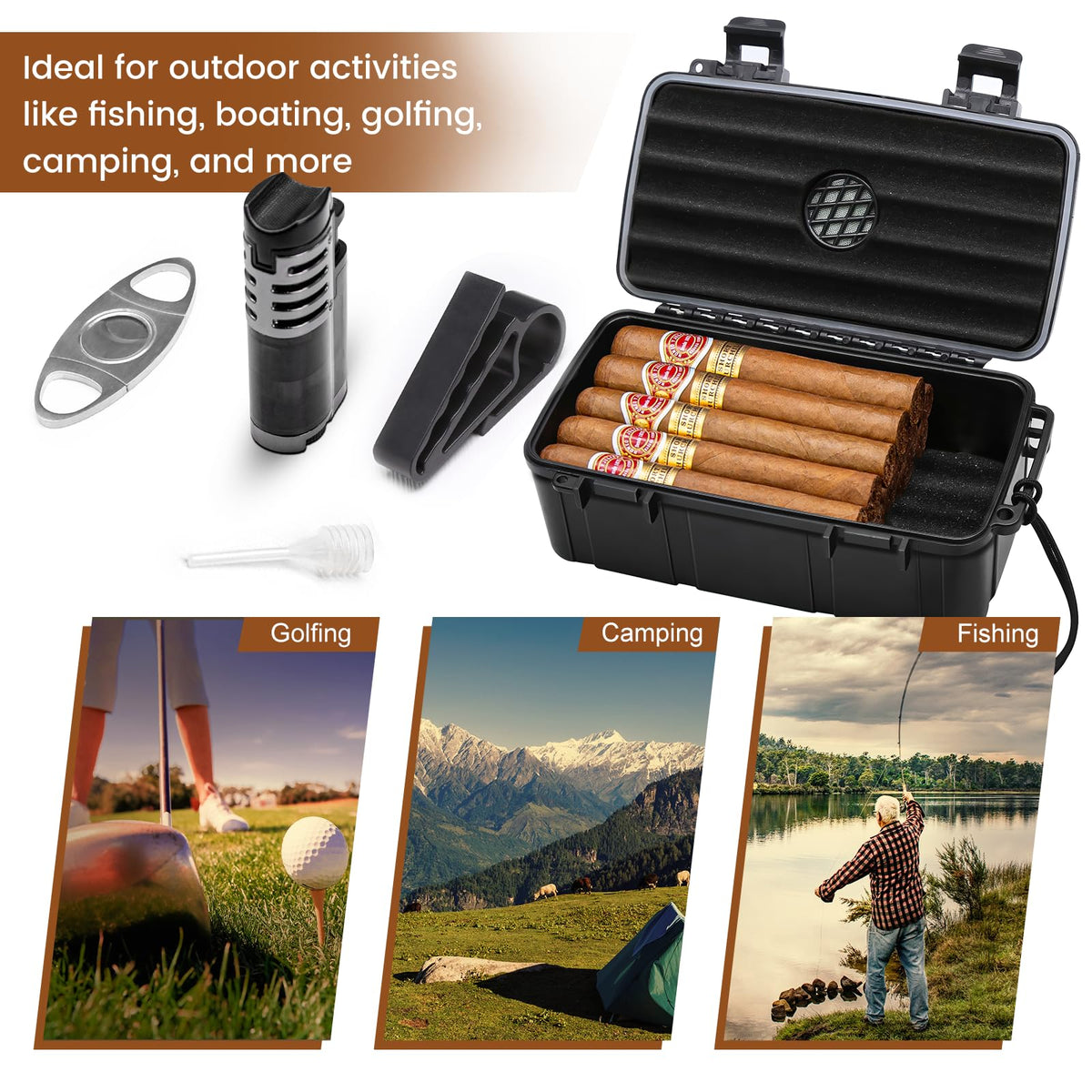 Flauno Travel Cigar Humidor Case - Portable Cigar Box with Humidifier Disc & Cigar Cutter | Waterproof | Crushproof | Airtight | Durable (Holds up to 5 Cigars)