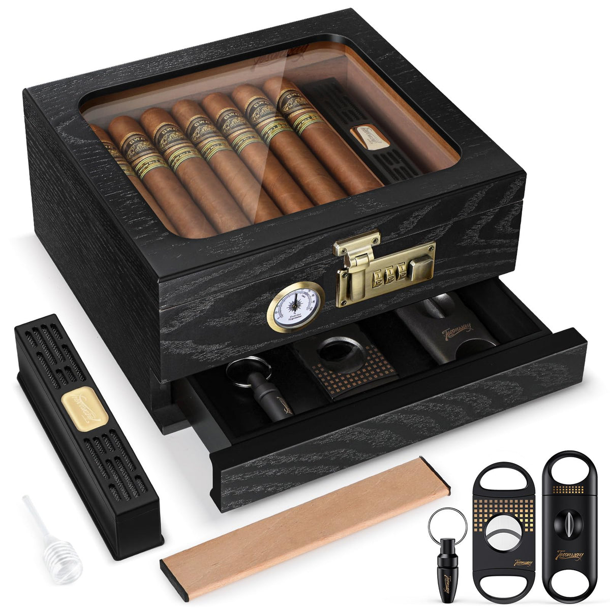 Tesonway Cigar Humidor, Cedar Wood Humidor Cigar Box, Glass Top Desktop Humidor with Front Hygrometer, Humidifier, Divider, Accessories Drawer and Combination Lock, Cigar Gifts for Men (Brown)