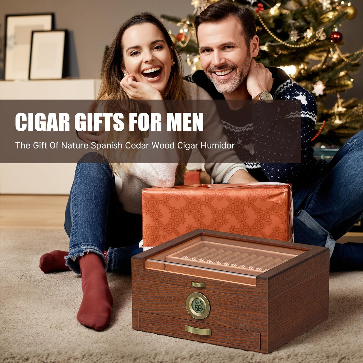 Tesonway Cigar Humidor, Cedar Wood Humidor Cigar Box, Glass Top Desktop Humidor with Front Hygrometer, Humidifier, Divider, Accessories Drawer and Combination Lock, Cigar Gifts for Men (Brown)
