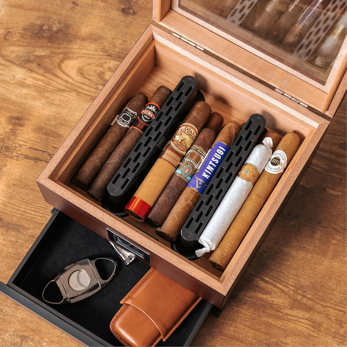 CASE ELEGANCE Renzo Glass Top Cigar Humidor with Cedar - Brown