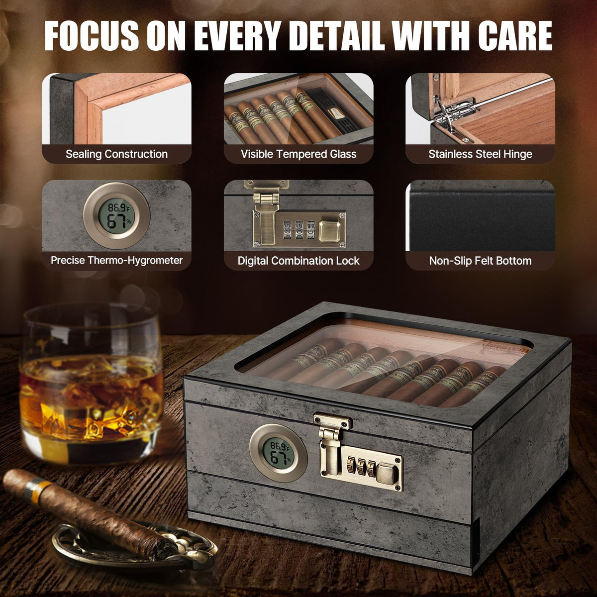 Tesonway Cigar Humidor, Cedar Wood Humidor Cigar Box, Glass Top Desktop Humidor with Front Hygrometer, Humidifier, Divider, Accessories Drawer and Combination Lock, Cigar Gifts for Men (Brown)