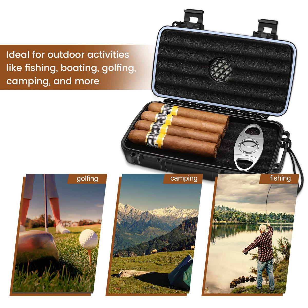 Flauno Travel Cigar Humidor Case - Portable Cigar Box with Humidifier Disc & Cigar Cutter | Waterproof | Crushproof | Airtight | Durable (Holds up to 5 Cigars)