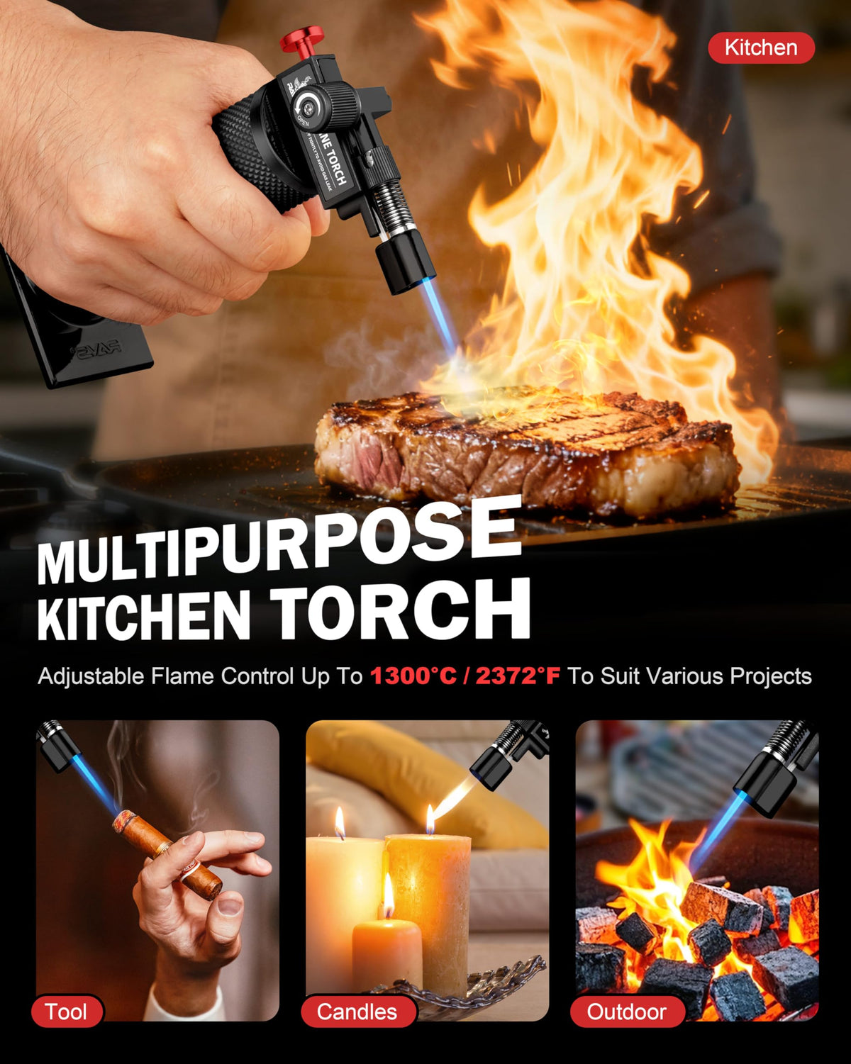 RAVS Butane Torch Lighter, DUAL Flame Mode Kitchen Torch, Refillable Cooking Torch Gun, Creme Brulee Torch Lighter, Blow Torch for Cooking, Welding, Mini Torch Soldering Torch, Butane is Not Included