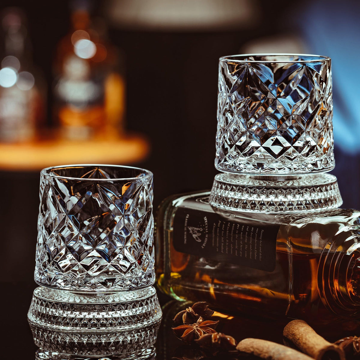 Spinning Whiskey Glasses Set of 4, 9.5 oz with Rotating Bases, Whiskey Gift