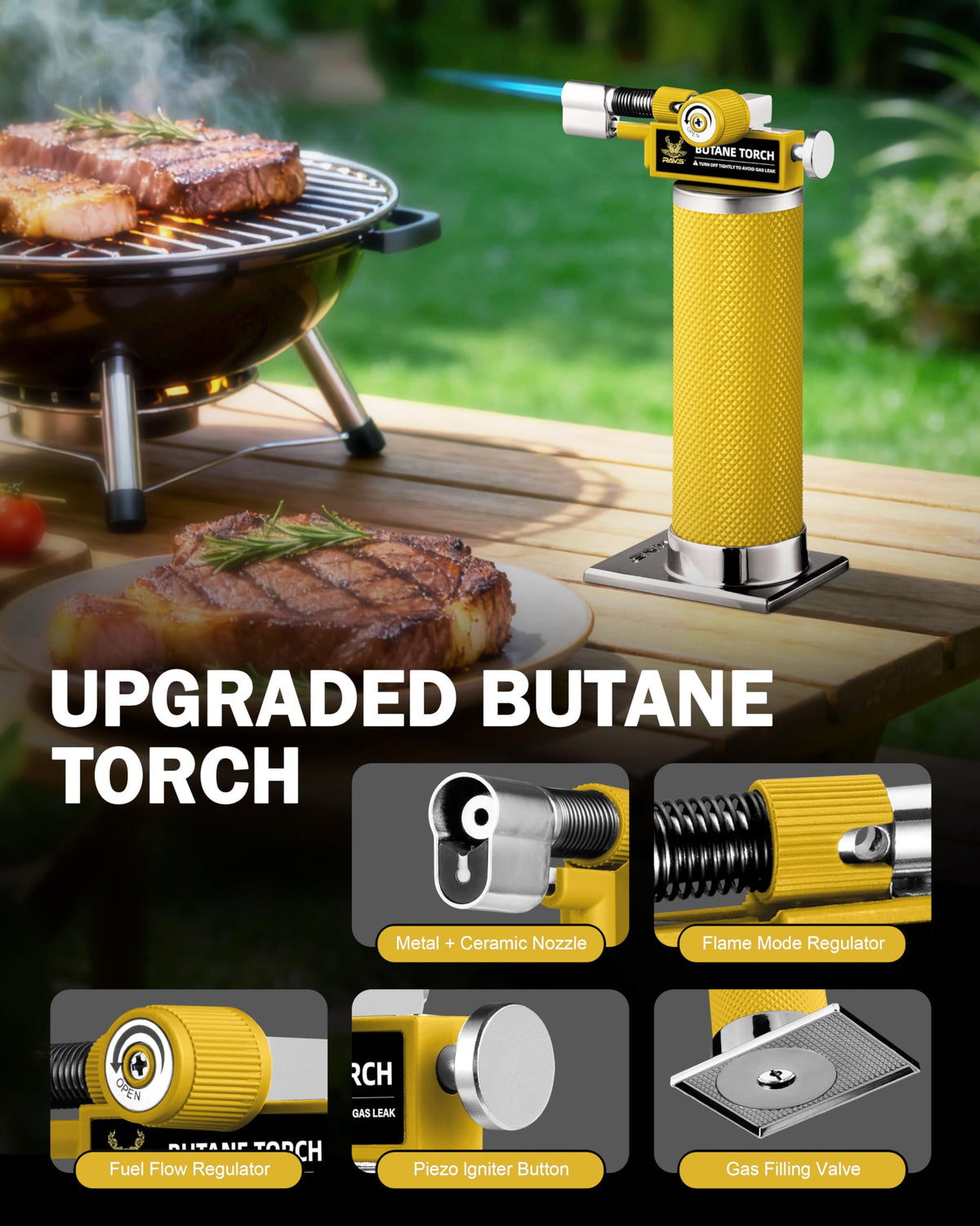 RAVS Butane Torch Lighter, DUAL Flame Mode Kitchen Torch, Refillable Cooking Torch Gun, Creme Brulee Torch Lighter, Blow Torch for Cooking, Welding, Mini Torch Soldering Torch, Butane is Not Included