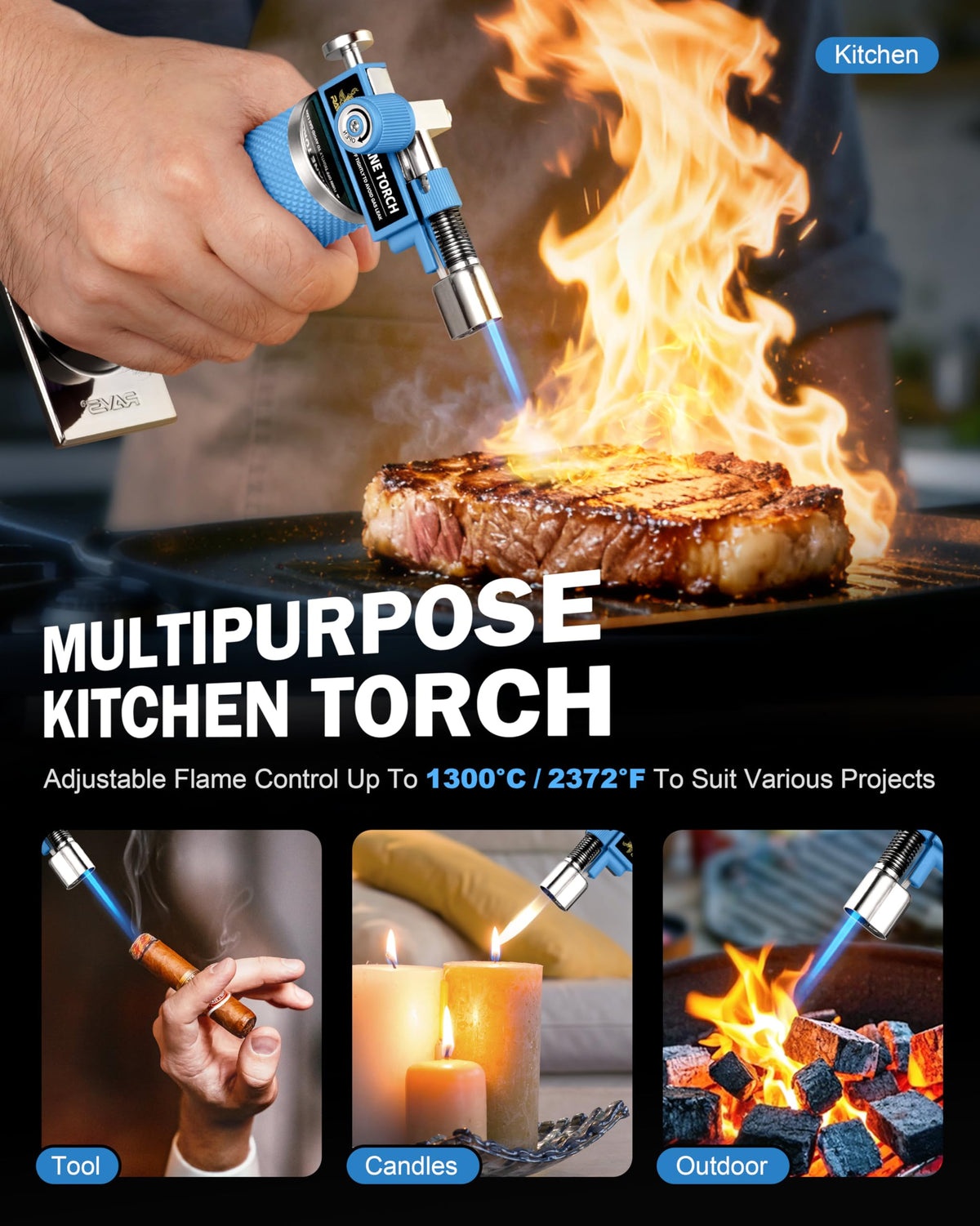 RAVS Butane Torch Lighter, DUAL Flame Mode Kitchen Torch, Refillable Cooking Torch Gun, Creme Brulee Torch Lighter, Blow Torch for Cooking, Welding, Mini Torch Soldering Torch, Butane is Not Included