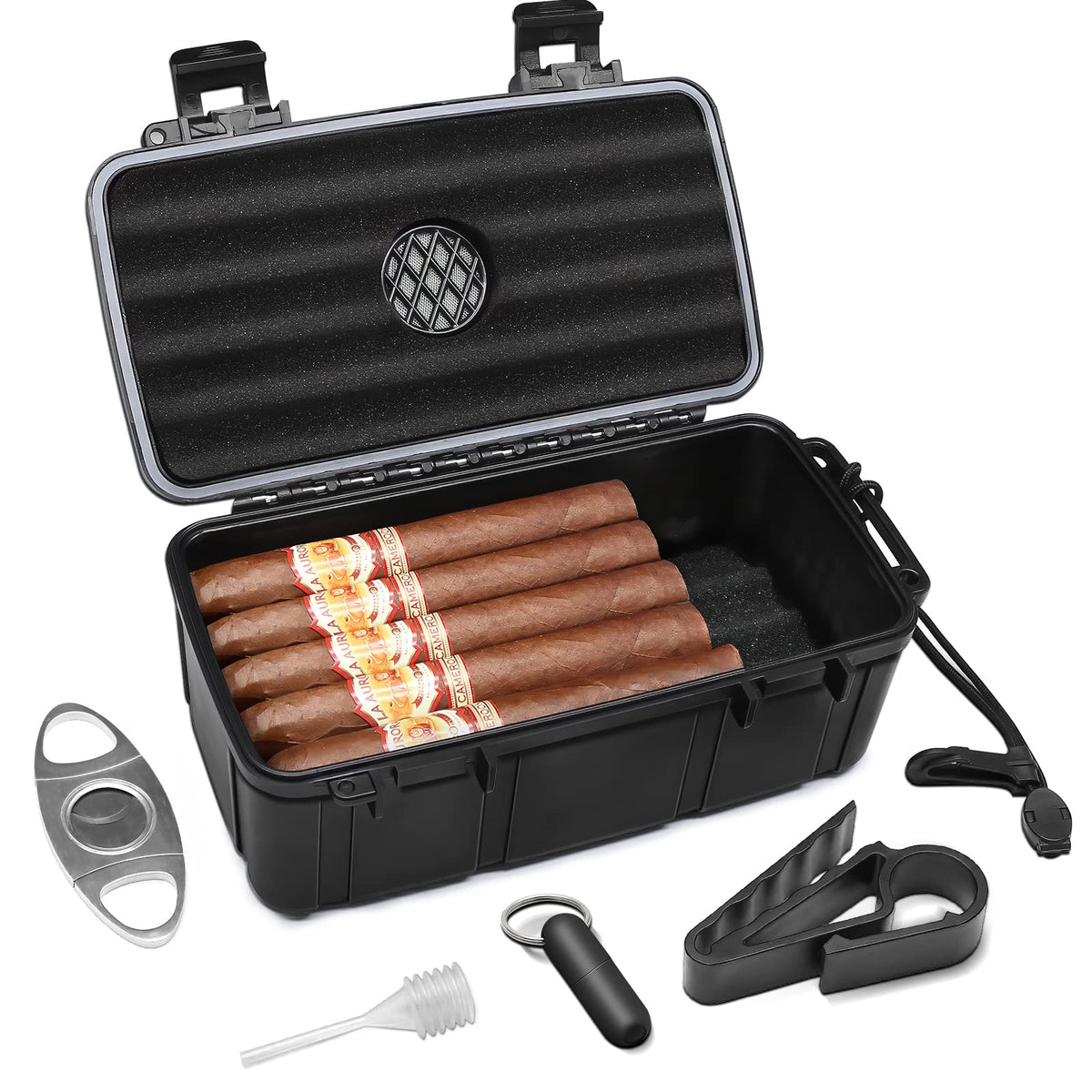Flauno Travel Cigar Humidor Case - Portable Cigar Box with Humidifier Disc & Cigar Cutter | Waterproof | Crushproof | Airtight | Durable (Holds up to 5 Cigars)