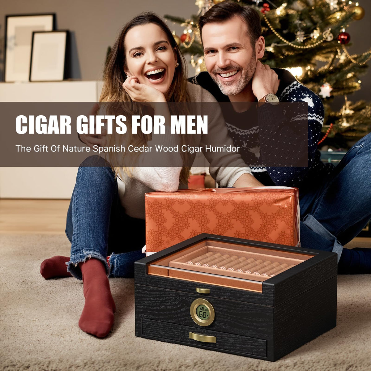 Tesonway Cigar Humidor, Cedar Wood Humidor Cigar Box, Glass Top Desktop Humidor with Front Hygrometer, Humidifier, Divider, Accessories Drawer and Combination Lock, Cigar Gifts for Men (Brown)