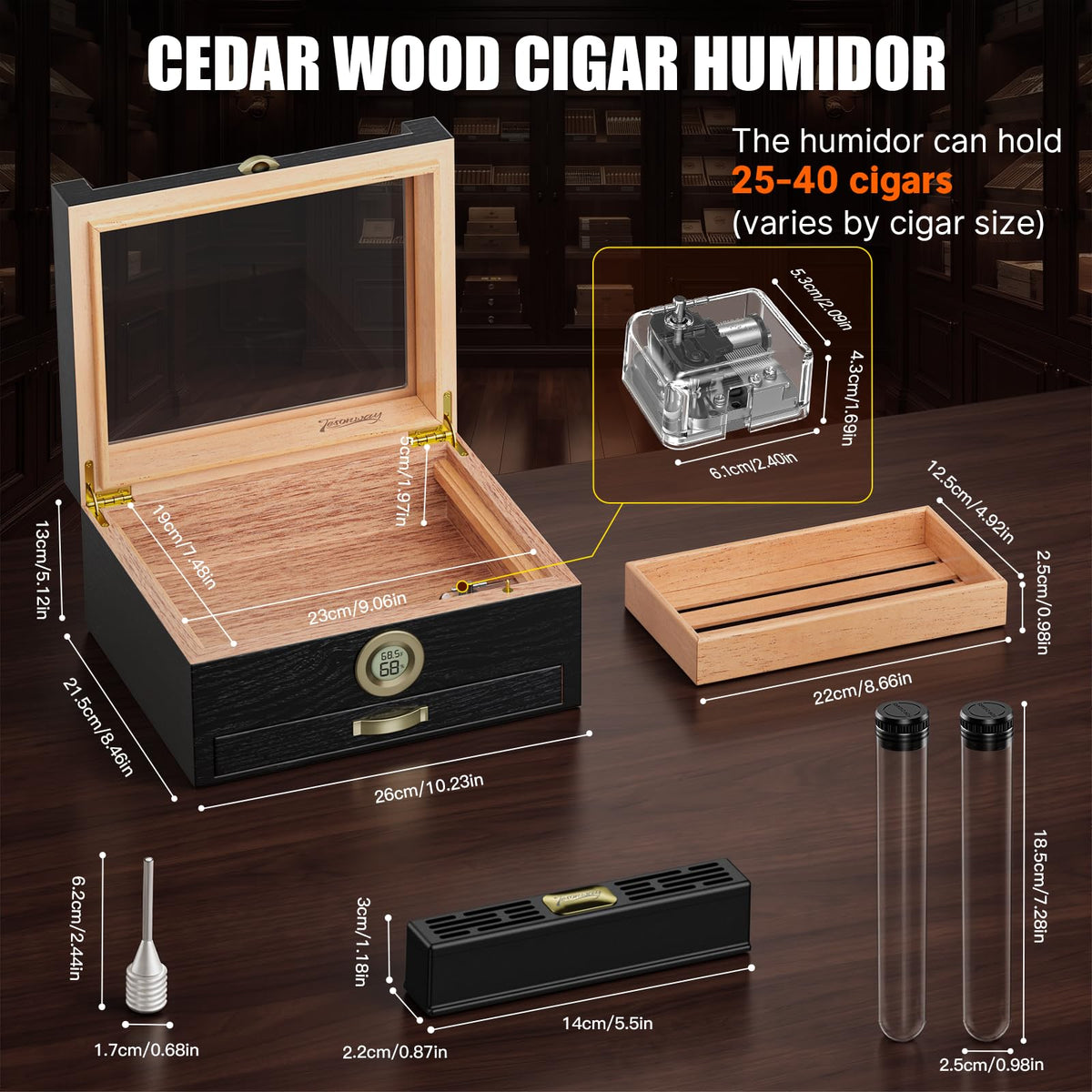 Tesonway Cigar Humidor, Cedar Wood Humidor Cigar Box, Glass Top Desktop Humidor with Front Hygrometer, Humidifier, Divider, Accessories Drawer and Combination Lock, Cigar Gifts for Men (Brown)