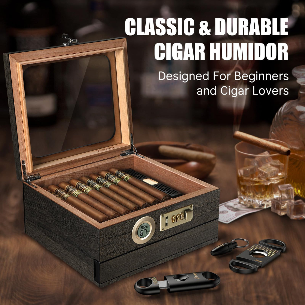 Tesonway Cigar Humidor, Cedar Wood Humidor Cigar Box, Glass Top Desktop Humidor with Front Hygrometer, Humidifier, Divider, Accessories Drawer and Combination Lock, Cigar Gifts for Men (Brown)