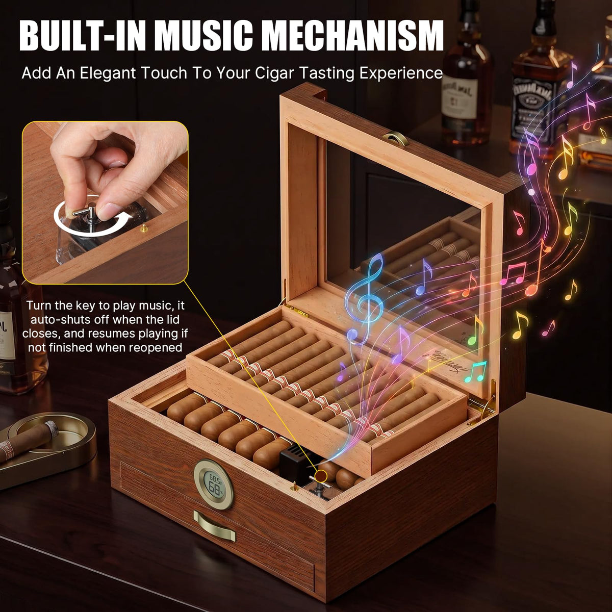 Tesonway Cigar Humidor, Cedar Wood Humidor Cigar Box, Glass Top Desktop Humidor with Front Hygrometer, Humidifier, Divider, Accessories Drawer and Combination Lock, Cigar Gifts for Men (Brown)