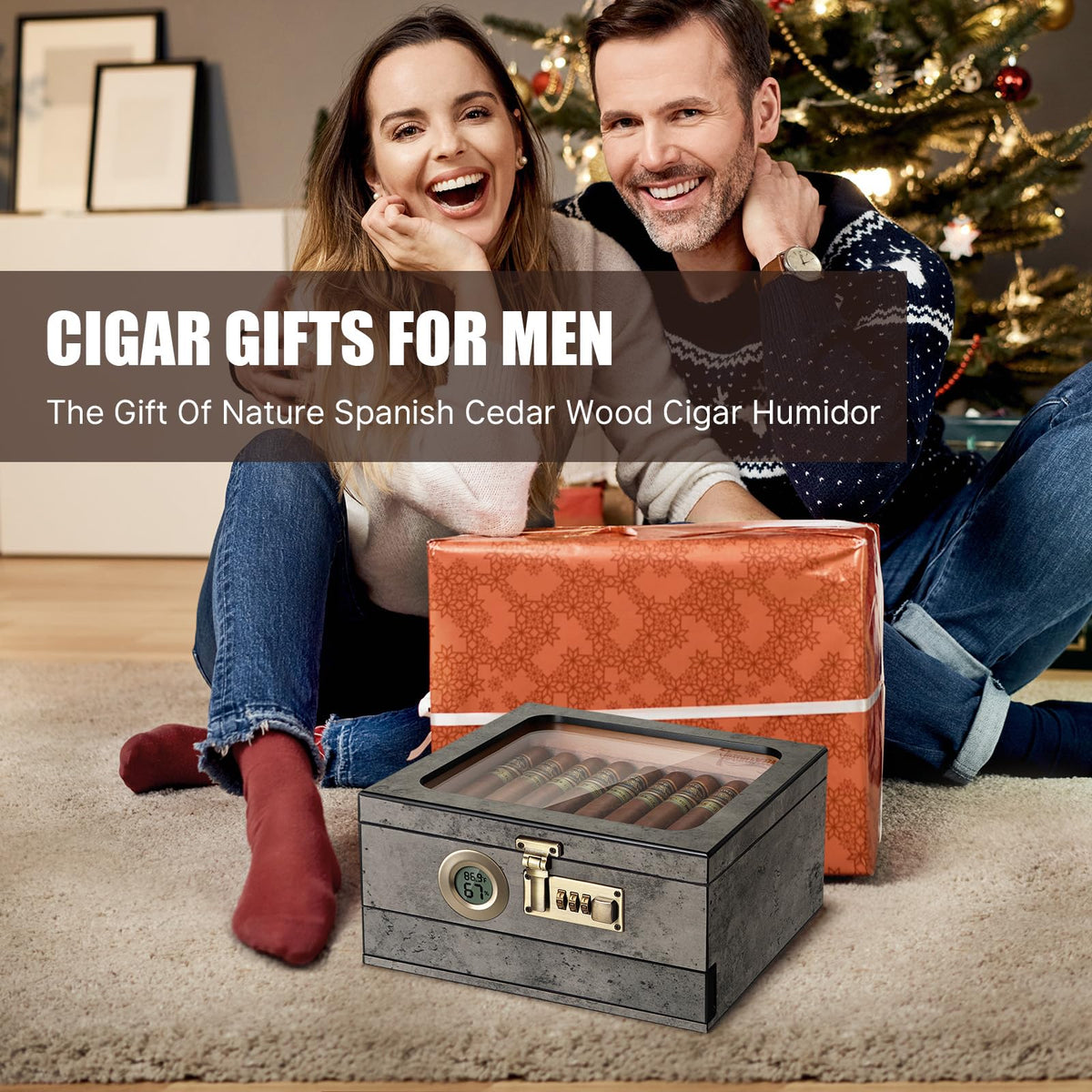 Tesonway Cigar Humidor, Cedar Wood Humidor Cigar Box, Glass Top Desktop Humidor with Front Hygrometer, Humidifier, Divider, Accessories Drawer and Combination Lock, Cigar Gifts for Men (Brown)