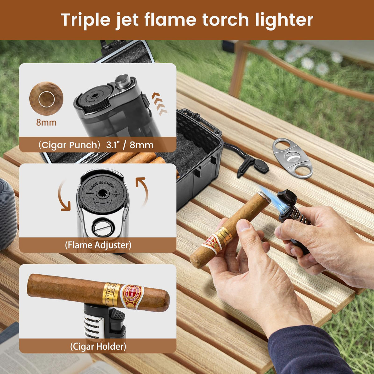 Flauno Travel Cigar Humidor Case - Portable Cigar Box with Humidifier Disc & Cigar Cutter | Waterproof | Crushproof | Airtight | Durable (Holds up to 5 Cigars)