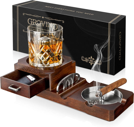 Cigar Ashtrays, Whiskey Glass Tray and Wooden Ash Tray Detachable Outdoor Ashtray for Cigarettes, Gift Set with Cigar Cutter, Great Decor for Home Office Gifts for Men
