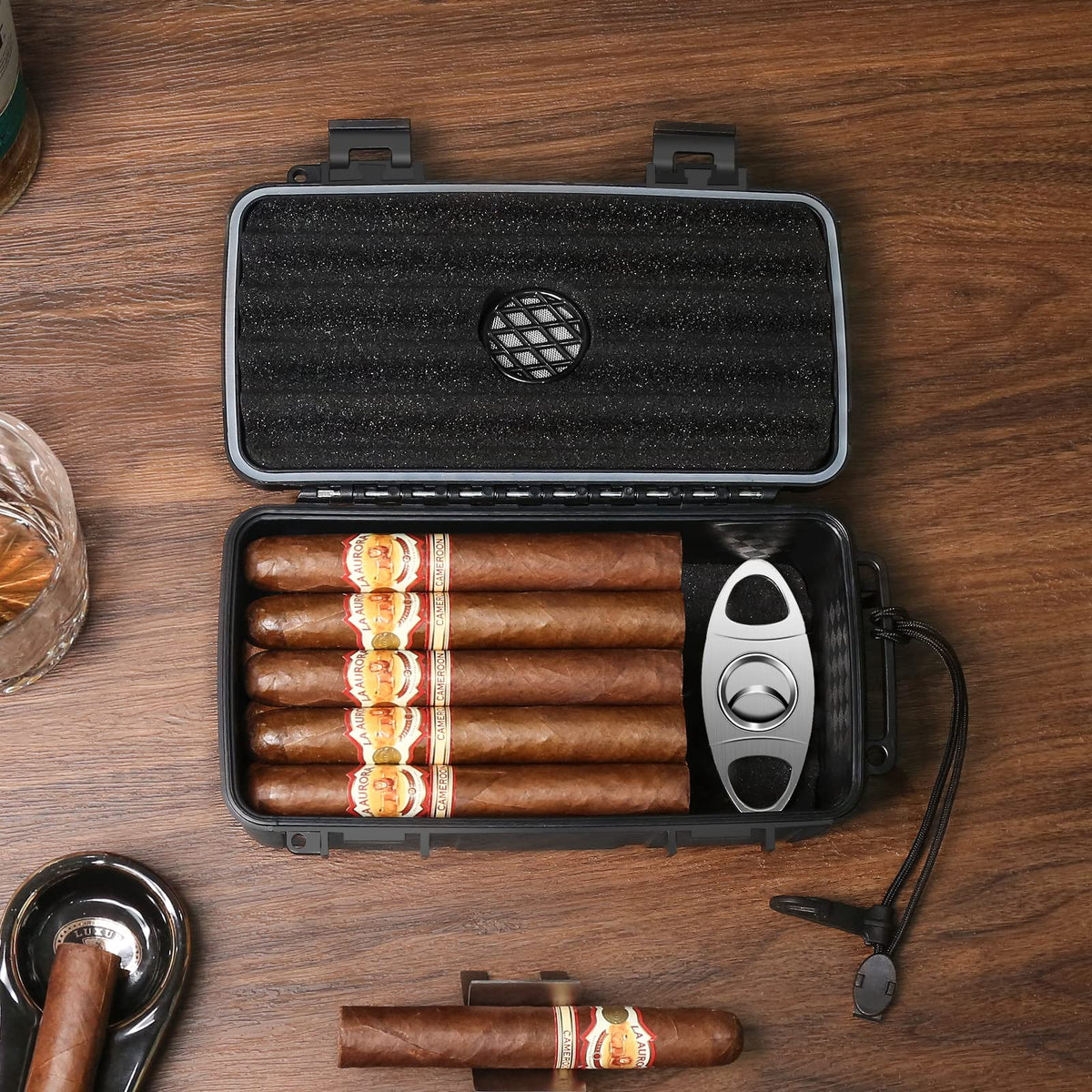 Flauno Travel Cigar Humidor Case - Portable Cigar Box with Humidifier Disc & Cigar Cutter | Waterproof | Crushproof | Airtight | Durable (Holds up to 5 Cigars)
