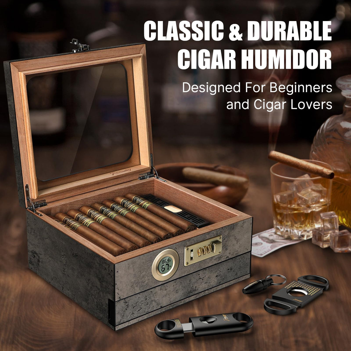 Tesonway Cigar Humidor, Cedar Wood Humidor Cigar Box, Glass Top Desktop Humidor with Front Hygrometer, Humidifier, Divider, Accessories Drawer and Combination Lock, Cigar Gifts for Men (Brown)