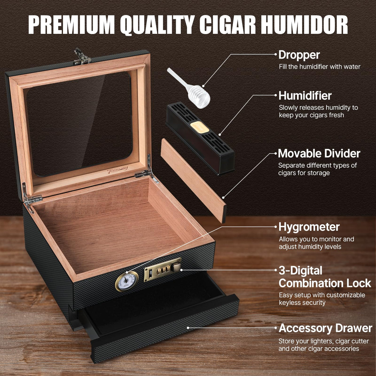 Tesonway Cigar Humidor, Cedar Wood Humidor Cigar Box, Glass Top Desktop Humidor with Front Hygrometer, Humidifier, Divider, Accessories Drawer and Combination Lock, Cigar Gifts for Men (Brown)
